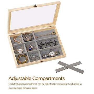 Wooden Jewelry Tray with Lid, Jewelry Display Storage Organizer with Removable 12 Grid, Jewelry Showcase Storage Box for Rings, Earrings , Necklaces, Bracelet , Brooch Buttons, 13.8 x 9.5 x 2 inch ,