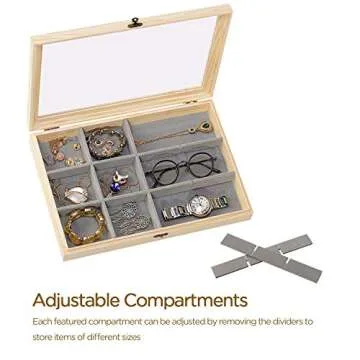 Wooden Jewelry Tray with Lid, Jewelry Display Storage Organizer with Removable 12 Grid, Jewelry Showcase Storage Box for Rings, Earrings , Necklaces, Bracelet , Brooch Buttons, 13.8 x 9.5 x 2 inch ,