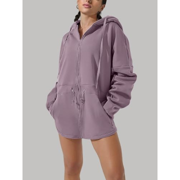 OSTAUG Womens Turtleneck Sweatshirts Zip Up Fleece Hoodie Long Sleeve Oversized Winter Warm Sweater Workout Tops Hoodies for Teen Girls(Hazy Lilac Small)