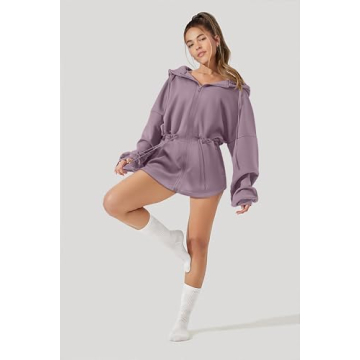 OSTAUG Womens Turtleneck Sweatshirts Zip Up Fleece Hoodie Long Sleeve Oversized Winter Warm Sweater Workout Tops Hoodies for Teen Girls(Hazy Lilac Small)