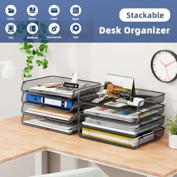 4 Pack Simple Trending Stackable Office Desk Supplies Organizer, Desktop File Document Letter Tray Holder Organizer, Black