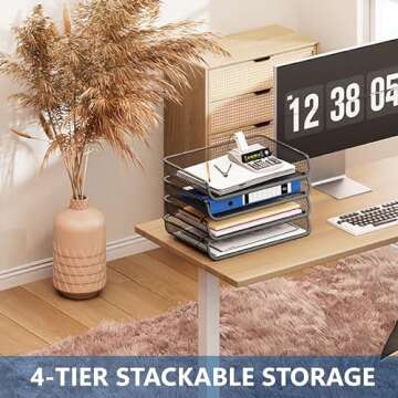4 Pack Simple Trending Stackable Office Desk Supplies Organizer, Desktop File Document Letter Tray Holder Organizer, Black