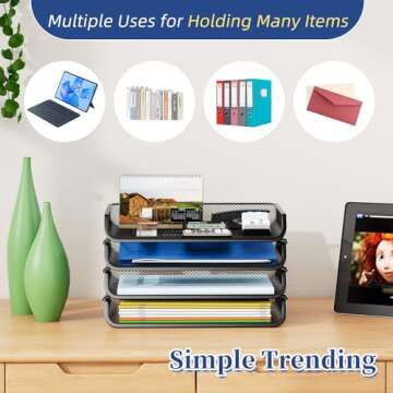 4 Pack Simple Trending Stackable Office Desk Supplies Organizer, Desktop File Document Letter Tray Holder Organizer, Black