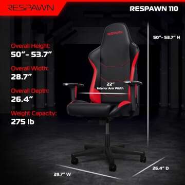 RESPAWN 110 Gaming Chair - Gamer Chair PC Computer Chair, Ergonomic Gaming Chairs, Office Chair with Integrated Headrest, Gaming Chair for Adults 135 Degree Recline with Angle Lock - Red