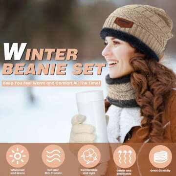 Premillow Winter Hat Beanie Scarf Touchscreen Gloves Set for Men/Women, Skull Cap Gloves Neck Warmer Set with Fleece Lined