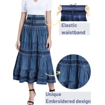 DREFBUFY Boho Midi Skirt High Waist Pleated Tiered Long Skirts, Women Denim Look with Elastic Waistb...