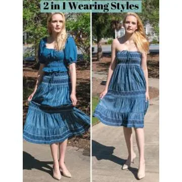 DREFBUFY Boho Midi Skirt High Waist Pleated Tiered Long Skirts, Women Denim Look with Elastic Waistband, Casual A Line Midi Dress for Women, Blue Dresses Ruffled