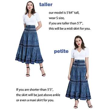 DREFBUFY Boho Midi Skirt High Waist Pleated Tiered Long Skirts, Women Denim Look with Elastic Waistband, Casual A Line Midi Dress for Women, Blue Dresses Ruffled