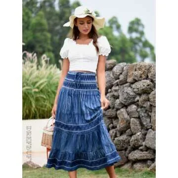 DREFBUFY Boho Midi Skirt High Waist Pleated Tiered Long Skirts, Women Denim Look with Elastic Waistband, Casual A Line Midi Dress for Women, Blue Dresses Ruffled