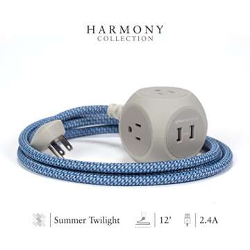 360 Electrical 360473 Habitat Braided Extension Cord w/ 2.4A Dual USB, 12 ft, Harmony-Summer Twilight