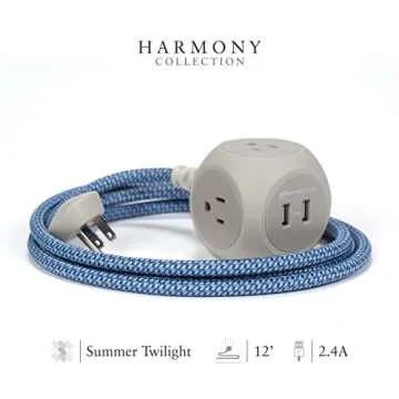 360 Electrical 360473 Habitat Braided Extension Cord w/ 2.4A Dual USB, 12 ft, Harmony-Summer Twilight