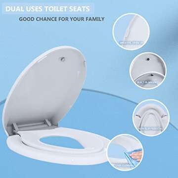 JINGZE Elongated Toilet Seat Built-In Potty Training Seat, Soft Quiet Close Non-Slip Seat, Easy to Install & Clean,Magnetic Kids Seat and Cover for Elongated Oval Toilets,White