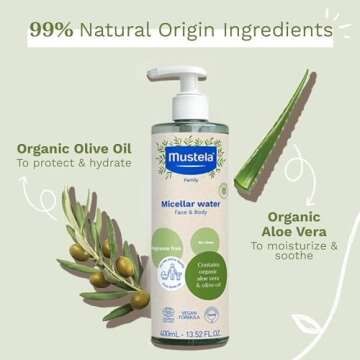Mustela Certified Organic Micellar Cleansing Water -No-Rinse Natural Water Cleanser w/ Olive Oil & Aloe Vera - For Baby, Kid & Adult - Fragrance Free, EWG Verified & Vegan -13.5 oz-Packaging may vary