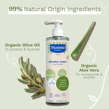Mustela Certified Organic Micellar Cleansing Water -No-Rinse Natural Water Cleanser w/ Olive Oil & Aloe Vera - For Baby, Kid & Adult - Fragrance Free, EWG Verified & Vegan -13.5 oz-Packaging may vary