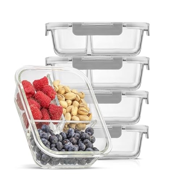 JoyJolt Divided Food Storage Containers with Lids Airtight. 5 Pack Glass Meal Prep Containers 3 Comp...