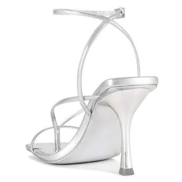 olomisa Strappy Heels for Women Square Toe Thong Heels Ankle Strap Stiletto Heeled Sandals