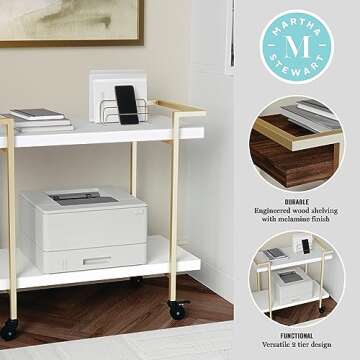 Martha Stewart Liam 2-Tier Mobile Office Storage and Printer Cart in White with Polished Brass Frame