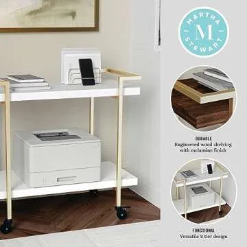 Martha Stewart Liam 2-Tier Mobile Office Storage and Printer Cart in White with Polished Brass Frame