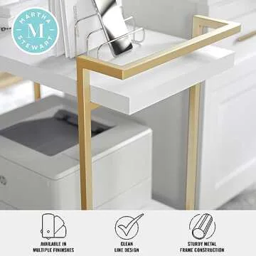 Martha Stewart Liam 2-Tier Mobile Office Storage and Printer Cart in White with Polished Brass Frame