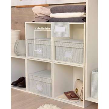 StorageWorks Storage Bins For Shelves With Lids And Handles, Canvas Storage Basket, Gray/White Stripe, Medium, 3-Pack