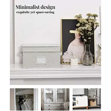 StorageWorks Storage Bins For Shelves With Lids And Handles, Canvas Storage Basket, Gray/White Stripe, Medium, 3-Pack