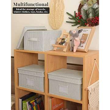 StorageWorks Storage Bins For Shelves With Lids And Handles, Canvas Storage Basket, Gray/White Stripe, Medium, 3-Pack