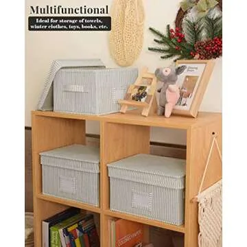 StorageWorks Storage Bins For Shelves With Lids And Handles, Canvas Storage Basket, Gray/White Stripe, Medium, 3-Pack