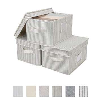 StorageWorks Storage Bins For Shelves With Lids And Handles, Canvas Storage Basket, Gray/White Stripe, Medium, 3-Pack