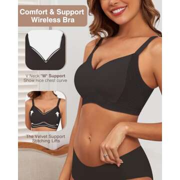 As Fairy Wireless Push Up Everyday Bras Full Coverage V Neck Sport Seamless Bra Velvet Silhouette Bralettes with Support and Lift Black L