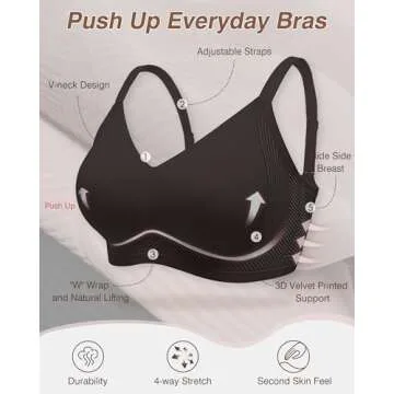 As Fairy Wireless Push Up Everyday Bras Full Coverage V Neck Sport Seamless Bra Velvet Silhouette Bralettes with Support and Lift Black L