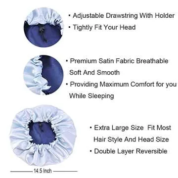 Cospack Satin Bonnet Sleep Bonnet Cap - Extra Large Double Layer Reversible Adjustable Satin Cap for Sleeping Hair Silk Bonnet (Nany+L.Blue)