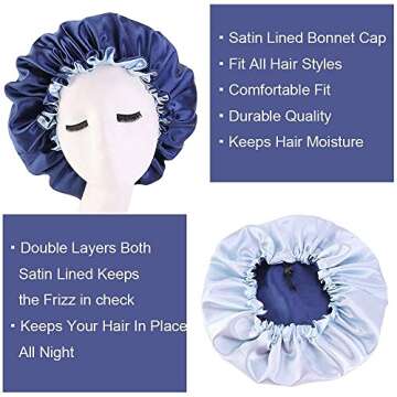 Cospack Satin Bonnet Sleep Bonnet Cap - Extra Large Double Layer Reversible Adjustable Satin Cap for Sleeping Hair Silk Bonnet (Nany+L.Blue)