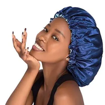 Cospack Satin Bonnet Sleep Bonnet Cap - Extra Large Double Layer Reversible Adjustable Satin Cap for Sleeping Hair Silk Bonnet (Nany+L.Blue)