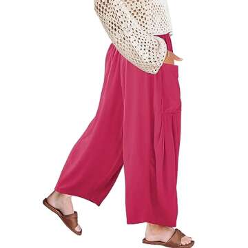 Kalssior Womens Wide Leg Pants Linen Palazzo Lounge Harem Pants Summer Beach Long Trousers with Pockets(Rose Red,S)