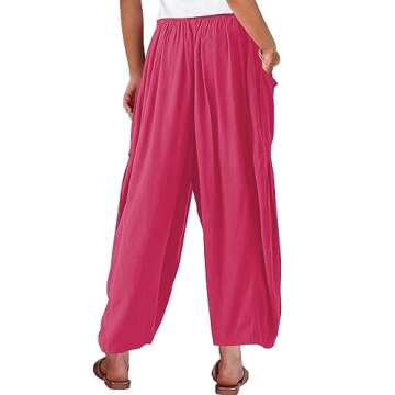 Kalssior Womens Wide Leg Pants Linen Palazzo Lounge Harem Pants Summer Beach Long Trousers with Pockets(Rose Red,S)