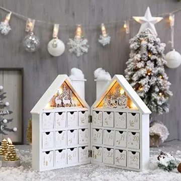 PIONEER-EFFORT Wooden Christmas Advent Calendar House with 24 Drawers and Led Lights Countdown Calen...