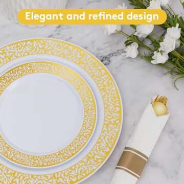 Goodluck 350 Piece Gold Plastic Dinnerware Set for 50 Guests, Disposable Lace Plates for Thanksgiving, Include: 50 Gold Plates, 50 Dessert Plates Disposable, 50 Pre Napkins with Silverware, 50 Cups