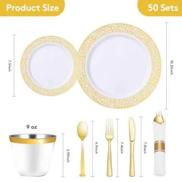 Goodluck 350 Piece Gold Plastic Dinnerware Set for 50 Guests, Disposable Lace Plates for Thanksgiving, Include: 50 Gold Plates, 50 Dessert Plates Disposable, 50 Pre Napkins with Silverware, 50 Cups