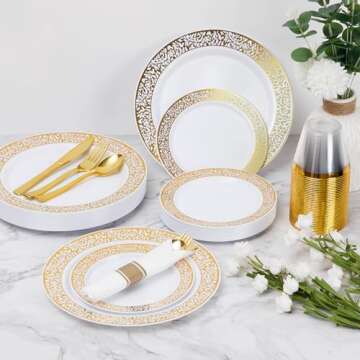 Goodluck 350 Piece Gold Plastic Dinnerware Set for 50 Guests, Disposable Lace Plates for Thanksgiving, Include: 50 Gold Plates, 50 Dessert Plates Disposable, 50 Pre Napkins with Silverware, 50 Cups