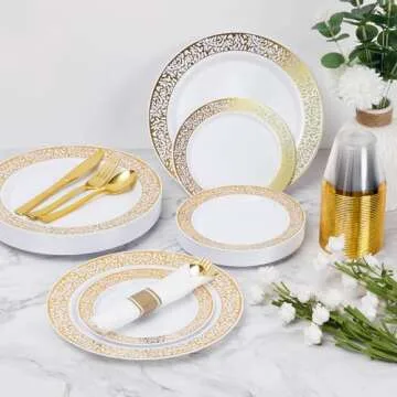 Goodluck 350 Piece Gold Plastic Dinnerware Set for 50 Guests, Disposable Lace Plates for Thanksgiving, Include: 50 Gold Plates, 50 Dessert Plates Disposable, 50 Pre Napkins with Silverware, 50 Cups