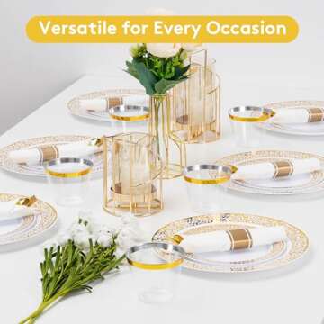 Goodluck 350 Piece Gold Plastic Dinnerware Set for 50 Guests, Disposable Lace Plates for Thanksgiving, Include: 50 Gold Plates, 50 Dessert Plates Disposable, 50 Pre Napkins with Silverware, 50 Cups