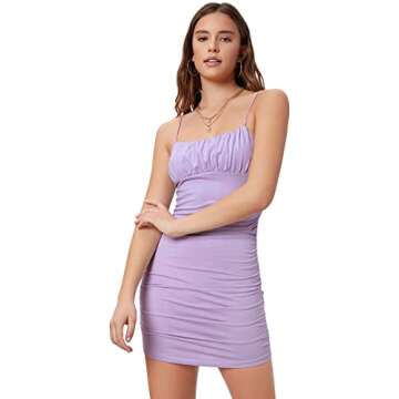 Verdusa Women's Ruched Bust Spaghetti Strap Mini Cami Bodycon Short Dress Lilac Purple M