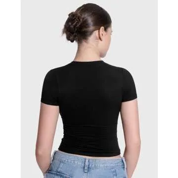 PUMIEY T Shirts for Women Crew Neck Short Sleeve Basic Tops Summer Y2K Crop Tops, Jet Black X-Small
