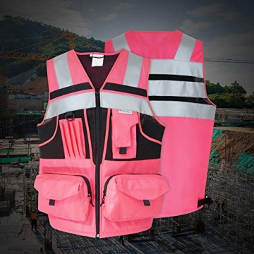 ZUJA 3M Reflective Pink Safety Vest with Pockets