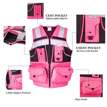 ZUJA 3M Reflective Pink Safety Vest with Pockets