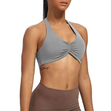 Aoxjox Women's Workout Sports Bras Fitness Backless Padded Taylor Scrunch Halter Bra Yoga Crop Tank Top (Grey, Small)