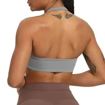 Aoxjox Women's Workout Sports Bras Fitness Backless Padded Taylor Scrunch Halter Bra Yoga Crop Tank Top (Grey, Small)