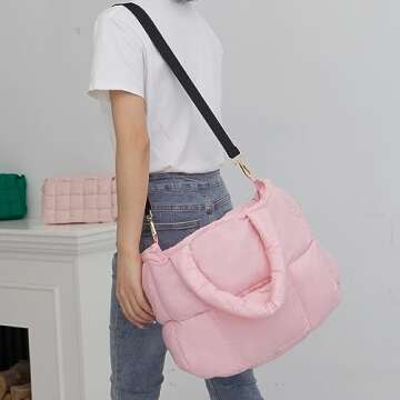 NAARIIAN women large puffer purse puffy tote bags dupes light weight handmade nylon bag woven shoulder handbag(Light Pink)