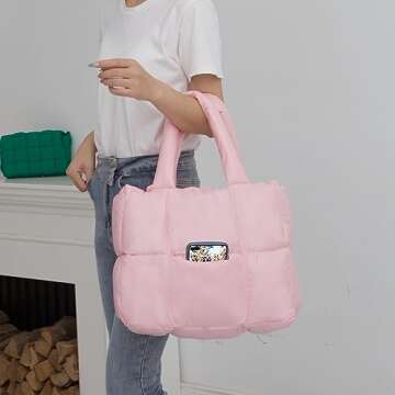 NAARIIAN women large puffer purse puffy tote bags dupes light weight handmade nylon bag woven shoulder handbag(Light Pink)