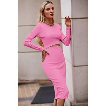 PRETTYGARDEN Women's Long Sleeve Midi Bodycon Dresses Casual Crewneck Cut Out Ribbed Knit Fitted Pencil Dress (Pink,Medium)